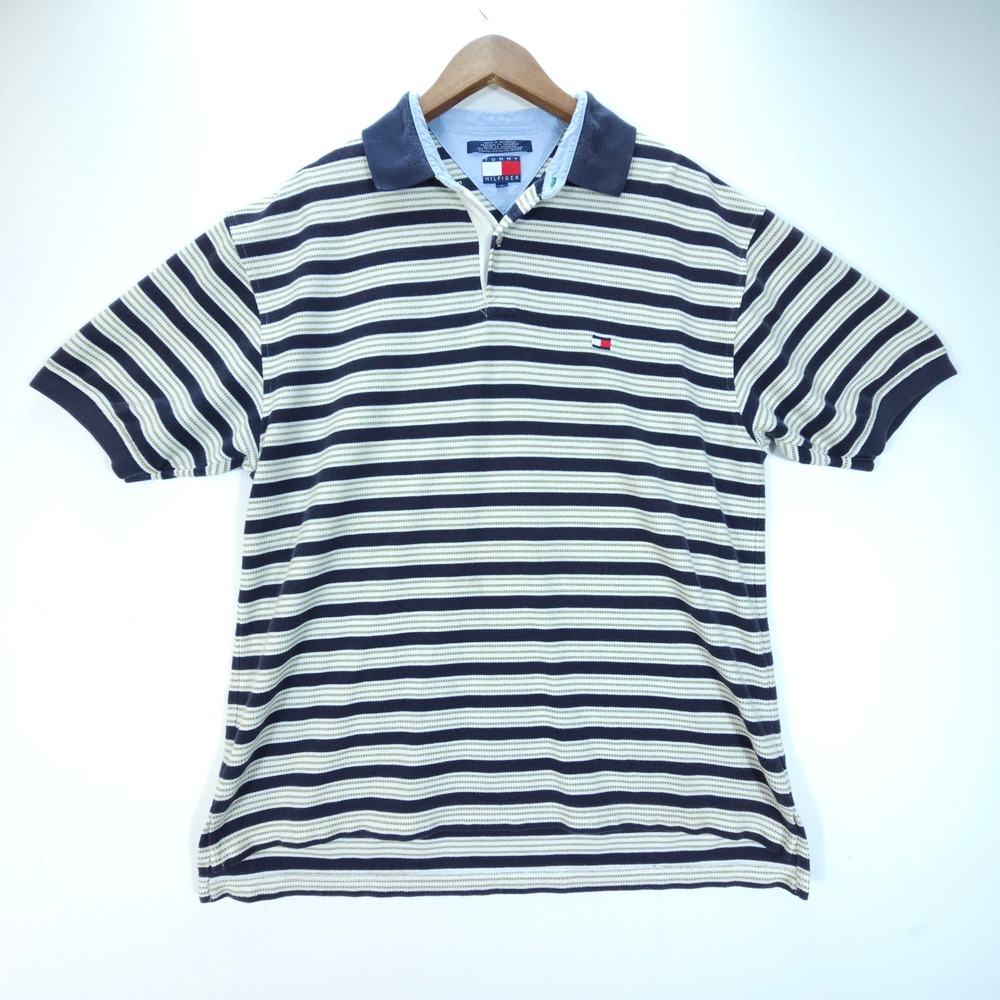 Y2K Tommy Hilfiger Mens Large Navy Green Striped Polo Shirt Streetwear Skate